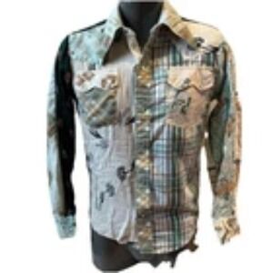 VTG 70s Kennington Shirt Mens Patchwork Floral Long Sleeve Pearl Button Up LOOK!